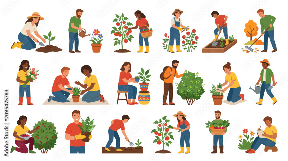 Fototapeta premium Flat Vector Gardening Illustrations: People Planting, Harvesting, and Tending Plants in Garden
