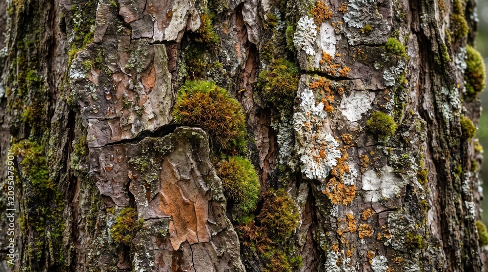 Fototapeta premium Detailed tree bark texture with green moss and lichen