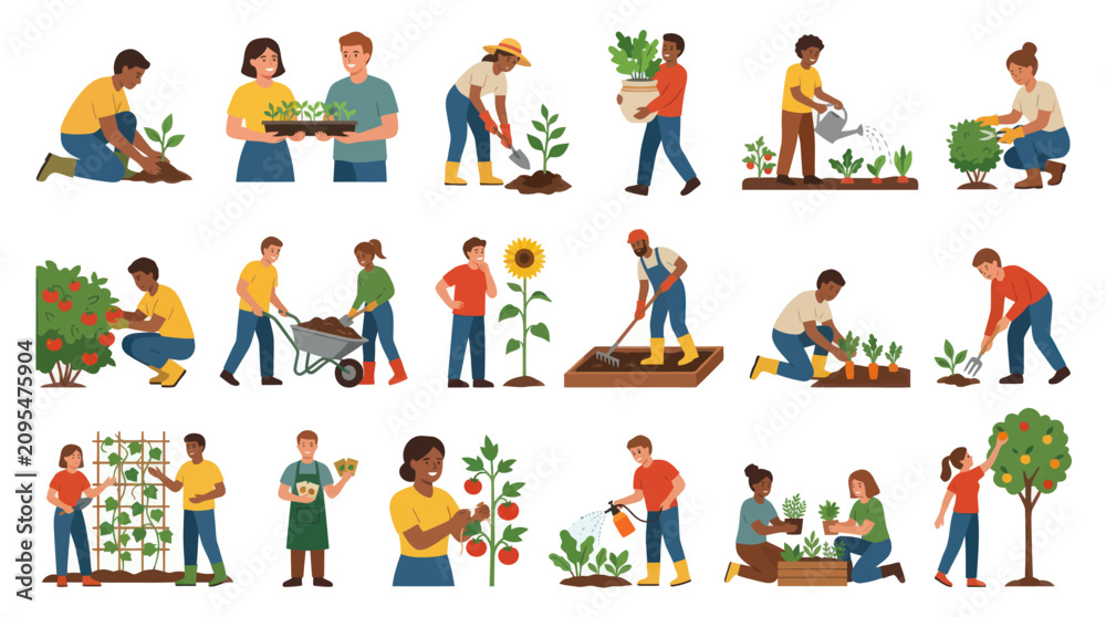Fototapeta premium Flat Style Vector Illustrations of People Gardening, Farming, and Growing Plants