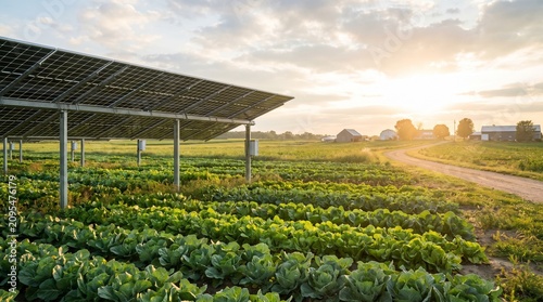Agrivoltaic solar panels over green farm field at sunset