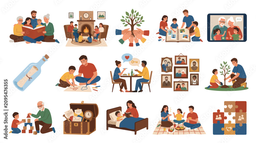 Fototapeta premium Flat Style Vector Icons of Family Life, Activities, and Memories