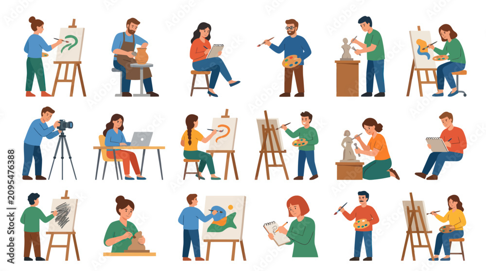 Fototapeta premium Artists and Creative People Characters Engaged in Various Art Activities - Flat Vector Illustration Set