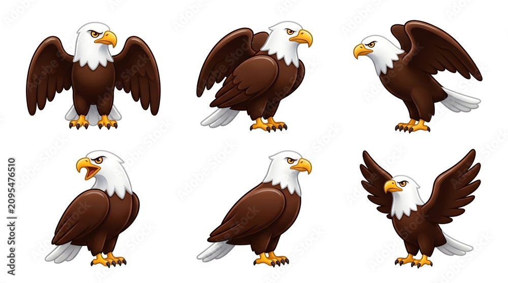 Fototapeta premium Six bald eagle birds collection set cute cartoon eagle vector illustrations isolated on white background