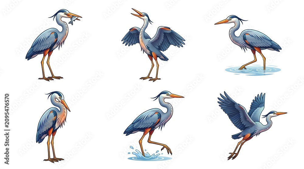 Obraz premium Six great blue heron birds collection set cute cartoon heron illustrations isolated on white background