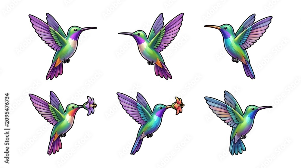 Fototapeta premium Six vibrant hummingbirds collection set colorful cartoon hummingbird illustrations isolated on white background