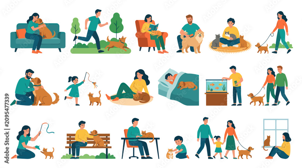 Fototapeta premium Flat Vector Illustration of People with Pets, Family, Dogs, Cats, Animals, Lifestyle