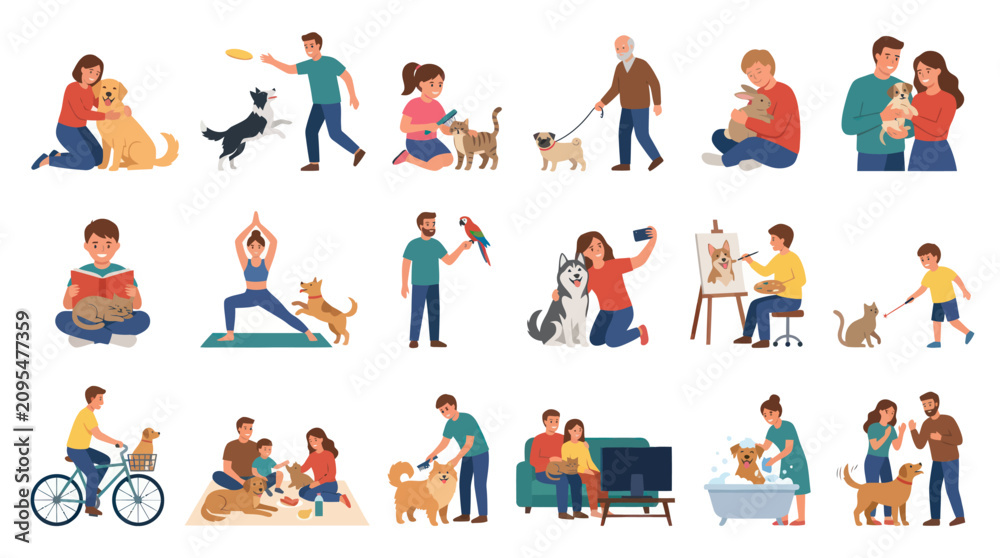 Fototapeta premium Diverse People Enjoying Pets: Dog, Cat, Bird, Rabbit Activities Flat Art