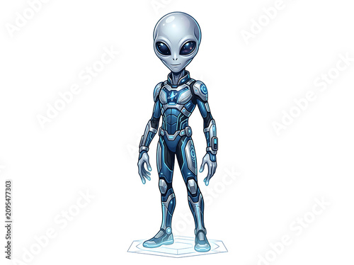 Extraterrestrial Grey Alien in Advanced Blue Tech Suit Character Illustration