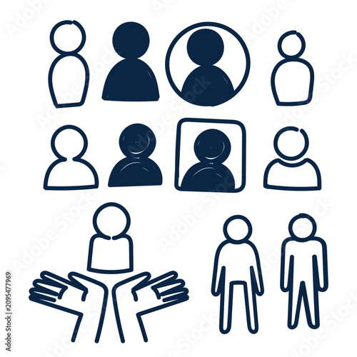 Set of hand-drawn doodle style people icons, featuring user profile avatars, business team groups, employees, and customer care concepts. Minimalist vector line art illustration perfect for UI/UX 