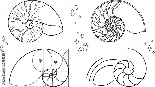 Bild auf Leinwand Nautilus Sea Shell and Golden Ratio Fibonacci Spiral Icon Set with Line Art