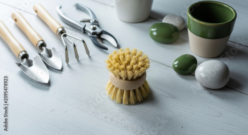 Gardening Tools And Cleaning Brush Arranged Neatly On A Table