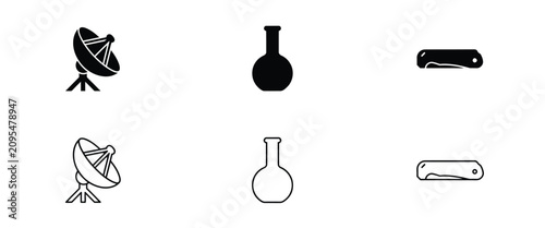 Set of black and white showing a satellite dish, a laboratory flask, and a folding pocket knife antenna