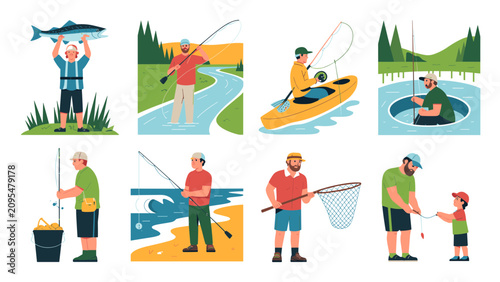 Photos Colorful flat icons of people enjoying various outdoor summer activities and hob