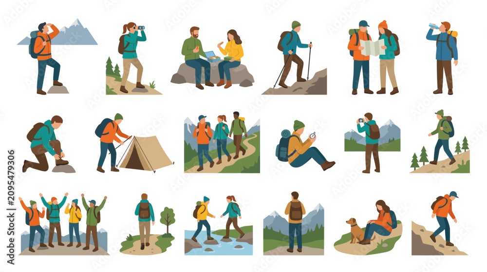 Fototapeta premium Diverse Hikers Outdoor Activities Camping Recreation Flat Vector Set