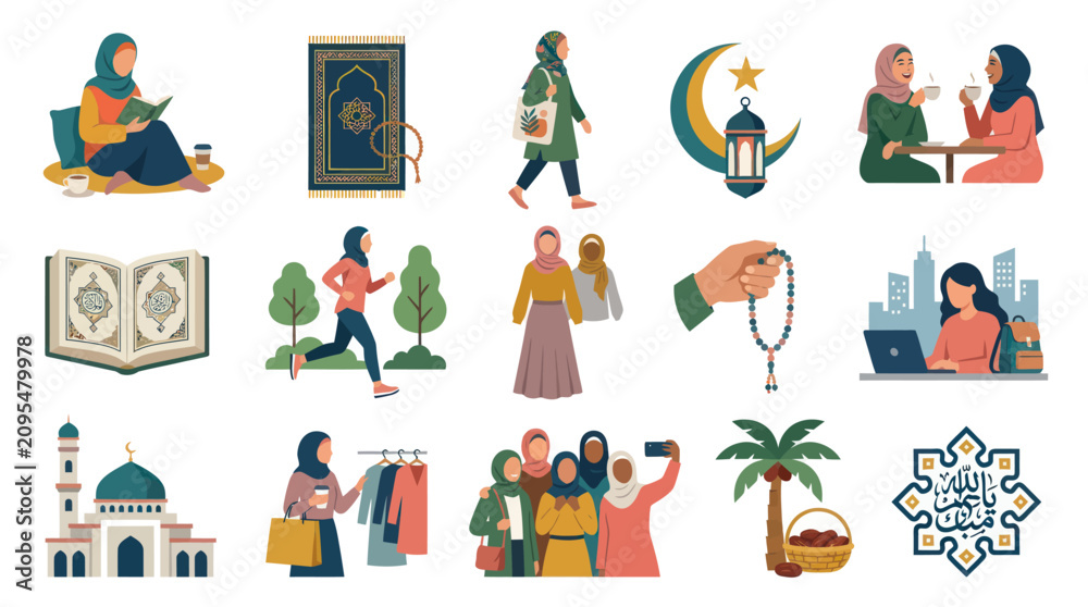Fototapeta premium Islamic Lifestyle Vector Icons: Women, Mosque, Quran, Prayer Beads, Dates, Calligraphy