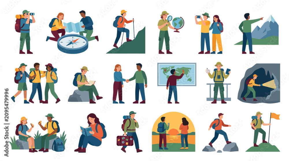Fototapeta premium Flat Style Travel and Hiking Vector Icons Set