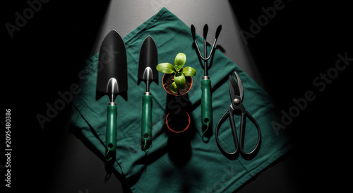Gardening Tools With Sprout Arranged On Green Cloth