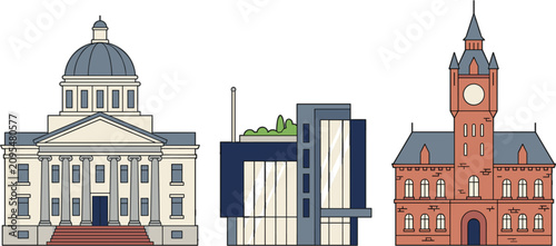 Classical government capitol building modern office facade and historic brick city hall architectural vector illustration collection.