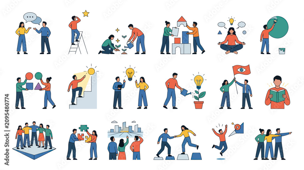 Fototapeta premium Teamwork and Collaboration: Business People Building Ideas and Achieving Success Flat Art