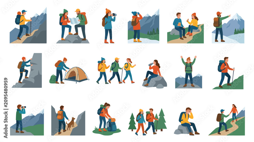 Fototapeta premium Hikers and Tourists Flat Vector Illustration Set for Outdoor Recreation and Adventure Travel.