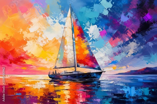 Velero estilo pintura de colores en mar vibrante