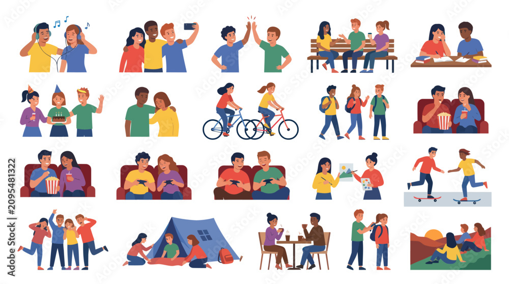 Fototapeta premium Diverse Young People and Friends: Flat Vector Illustration Set of Teenagers in Lifestyle and Social Activities.