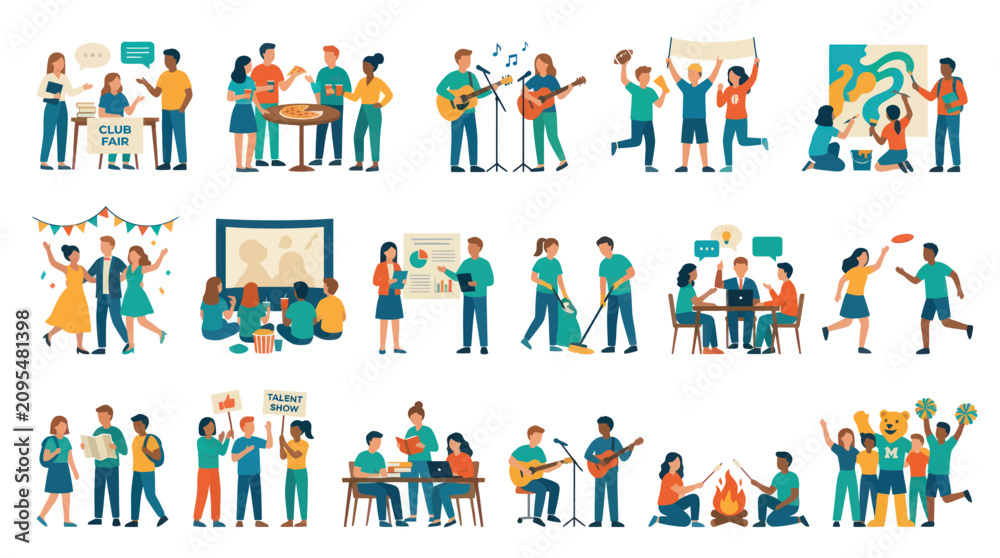 Fototapeta premium Flat Vector Illustration Set of Student Life, University Campus Activities, and Youth Social Events.