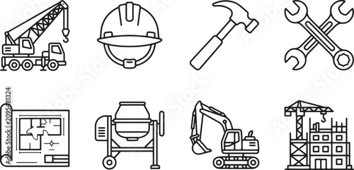 Art & Illustration Flat Design Construction Tools and Machinery Set on White Background