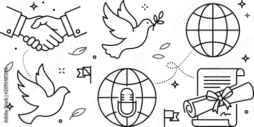 Photos Global peace and international diplomacy line icon banner featuring handshakes f