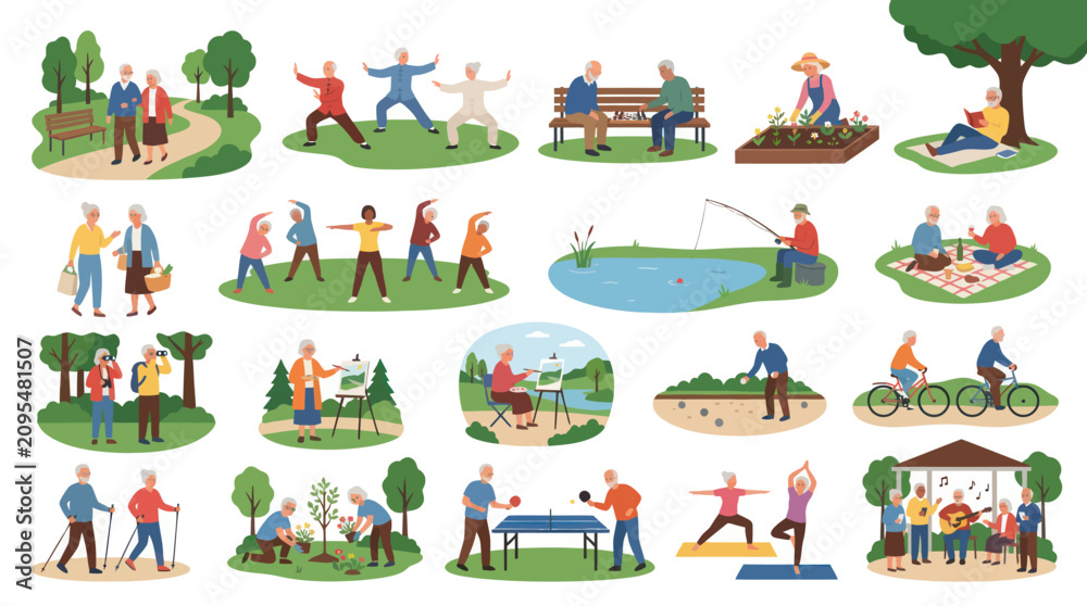 Fototapeta premium Seniors Enjoying Diverse Hobbies Outdoors, Flat Vector Illustration
