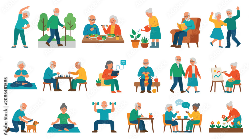 Fototapeta premium Flat Style Senior Citizens Enjoying Diverse Hobbies and Activities Vector Art
