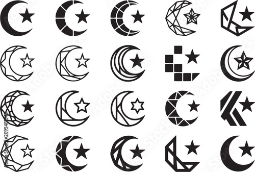 Art & Illustration Modern Crescent Moon and Star Logo Icon Collection Isolated on White Background