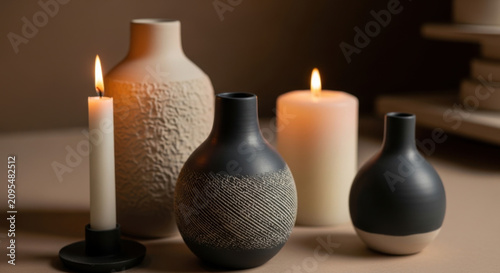 Gentle Glow Of Candles Illuminating Textured Vases  Soothing Ambiance