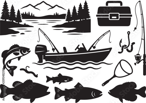 Fishing icons, black silhouette set, 18 vector graphics, fishing tools, aquatic wildlife, outdoor recreation