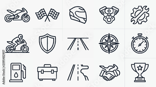 Fotografía Industrial Black and White Line Icons Set Featuring Motorcycle Racing Flags Helm