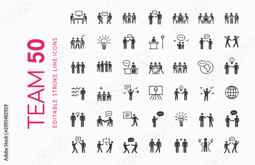 Teamwork and collaboration solid icons set for modern corporate meeting styles.