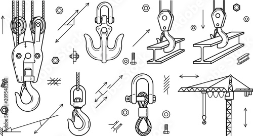 Canvastavla Industrial crane hook line icon set featuring lifting rigging pulleys shackle he