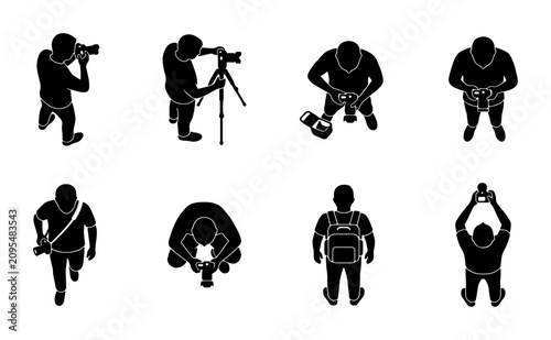 Top View Photographer Icons, Set of 8 Black Silhouette Vector Graphics for Creative Professionals, Capturing Moments