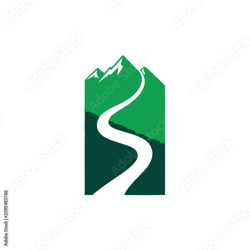 Green mountain path logo for adventure and environmental travel.