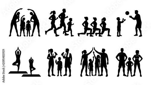 Family Fitness Silhouettes: Active Lifestyle, Yoga, Sports, and Healthy Living Vector Icons Set