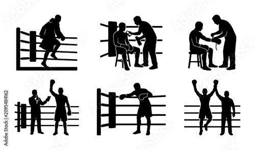 Obraz na plátně Boxing Match Silhouettes: Fighter Preparation, Corner Coaching, Victory Celebrat