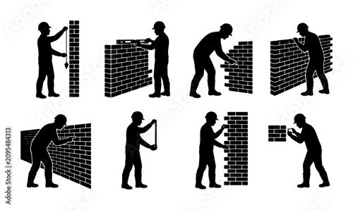 Tableau sur toile Construction Worker Silhouettes Building Brick Walls, Masonry Work, Building Ind
