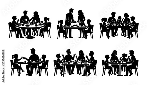 Family Dining Silhouettes, Six Diverse Mealtime Scenes, Vector Icons for Gatherings and Food Service