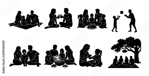 Bild auf Leinwand Family Picnic Silhouettes Set, Outdoor Leisure Activities, Diverse Groups Enjoyi