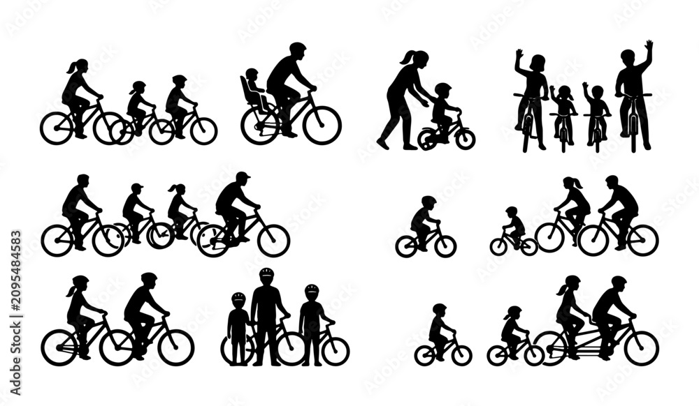 Obraz premium Family Cycling Silhouettes, Diverse Groups on Bicycles, Outdoor Activity Vector Icons, Active Lifestyle Collection, Children and Adults Riding