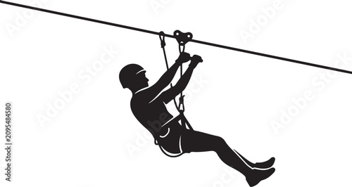 Ziplining, adventure sports, silhouette icon, black and white, outdoor recreation, thrill seeker