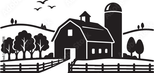 Farm, rural landscape, vector illustration, black and white, silhouette, farmhouse, barn, silo