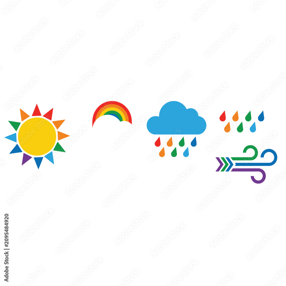 Obraz premium Weather Icons Featuring Sun, Rainbow, Cloud with Rain, and Wind Featuring Icon, Illustration, Design with Vector and Symbol