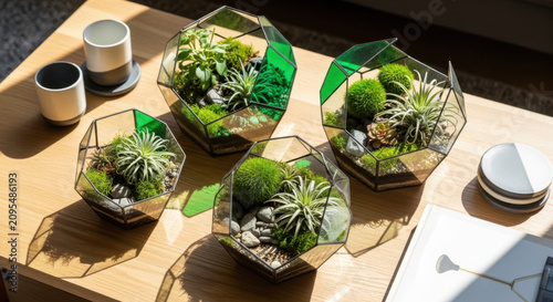 Geometric Glass Terrariums With Lush Greenery And Air Plants Illuminated By Natural Light