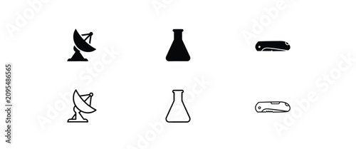 Six depicting a satellite dish, laboratory flask, and folding pocket knife in two visual styles antenna